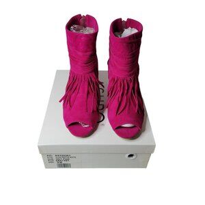 Hot Pink Fringe Peep Toe Booties Size 9 Faux Suede